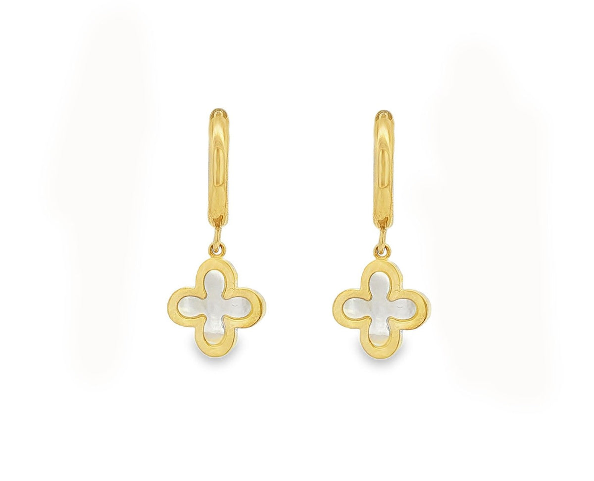 9ct Yellow Gold Hoop Earrings with Mother of Pearl Clover Drop
