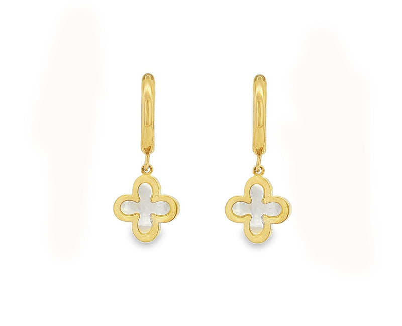 9ct Yellow Gold Hoop Earrings with Mother of Pearl Clover Drop