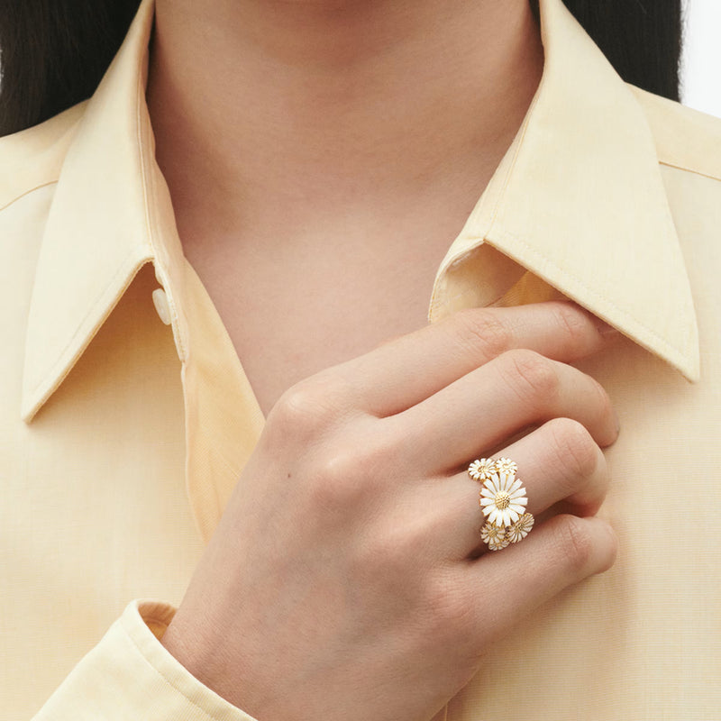 Georg Jensen Daisy Layered Ring, 18ct Gold Plated, White Enamel