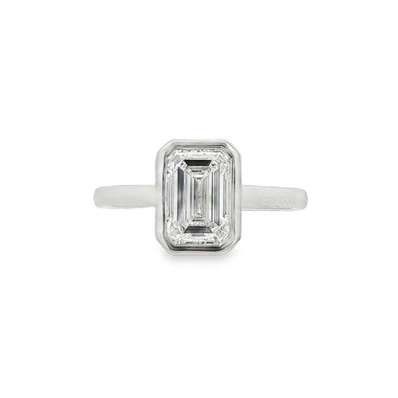 Emerald Cut 1.57ct Rub Over Lab Grown Diamond, Platinum Ring