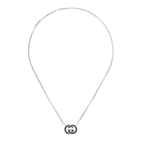 Gucci Interlocking Sterling Silver Green Enamel Pendant Necklace 45cm