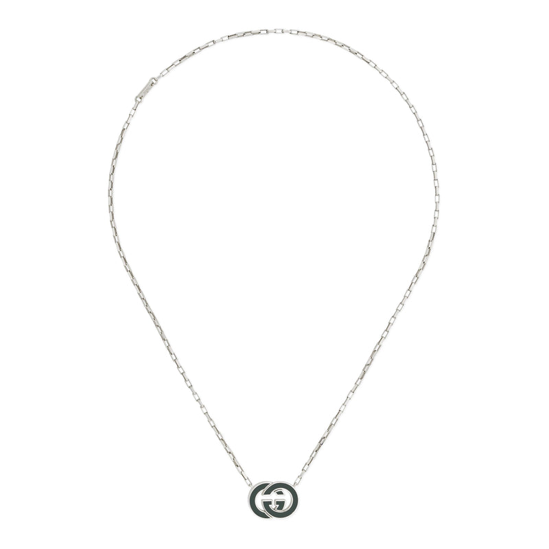 Gucci Interlocking Sterling Silver Green Enamel Pendant Necklace 45cm
