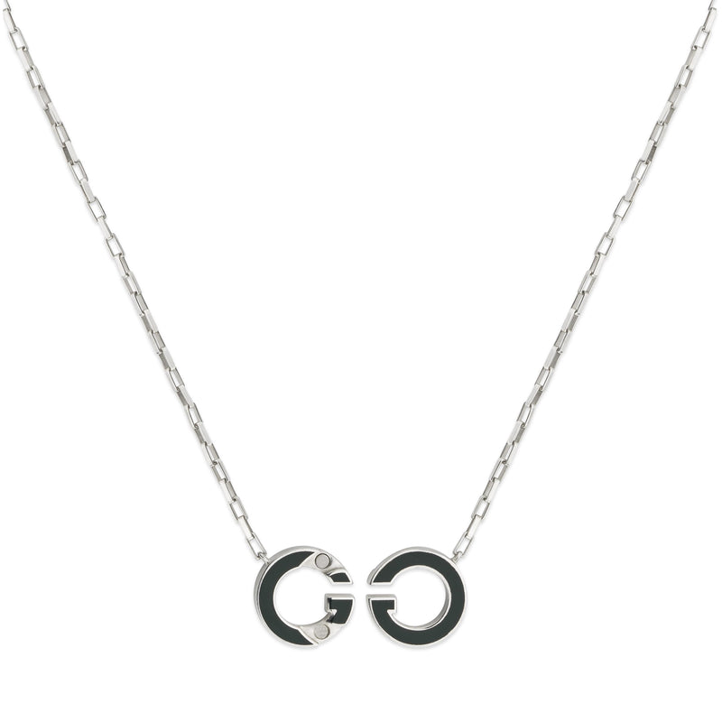 Gucci Interlocking Sterling Silver Green Enamel Pendant Necklace 45cm