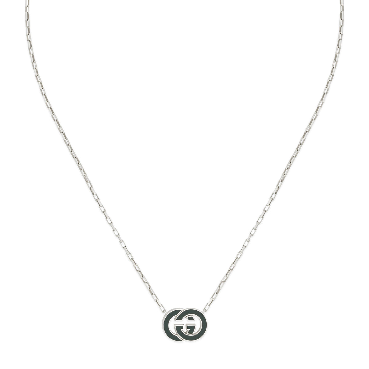 Gucci Interlocking Sterling Silver Green Enamel Pendant Necklace 45cm