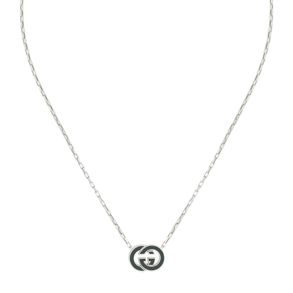 Gucci Interlocking Sterling Silver Green Enamel Pendant Necklace 45cm