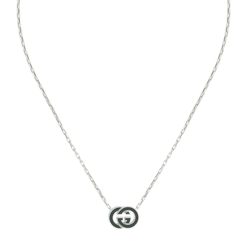 Gucci Interlocking Sterling Silver Green Enamel Pendant Necklace 45cm