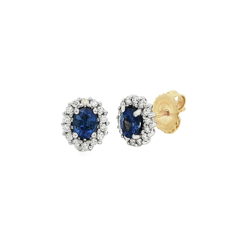 Sapphire & Diamond Oval Cluster, 18ct White & Yellow Gold Earrings