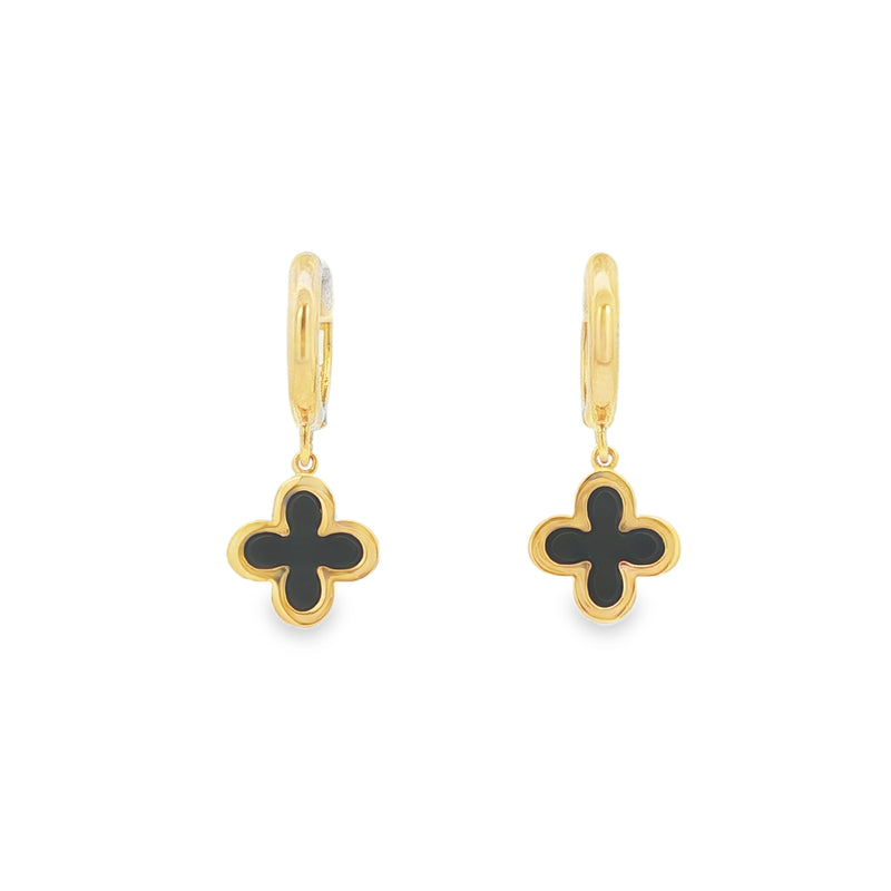 Onyx Clover Drop, 9ct Yellow Gold Hoop Earrings