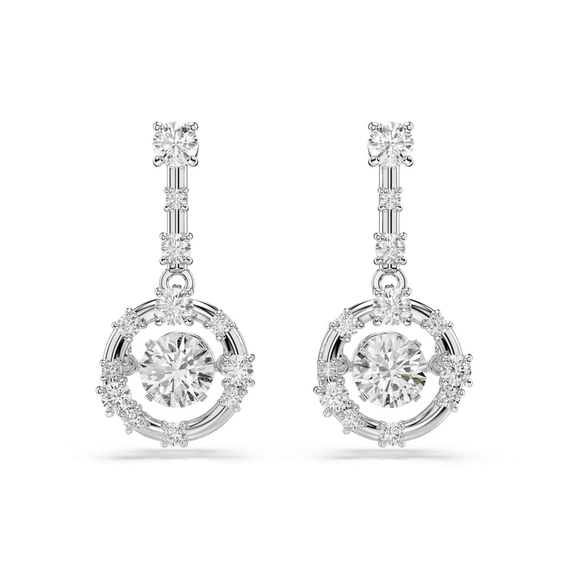Swarovski Constella drop earrings, Round cut, Dancing stone, White, Rhodium plated