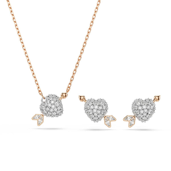 Swarovski Idyllia set, Mixed cuts, Heart with arrow, White, Rose gold-tone plated