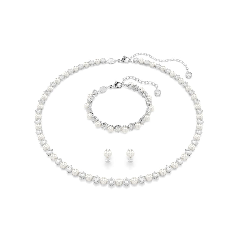 Swarovski Matrix set, Crystal pearl, Round cut, White, Rhodium plated
