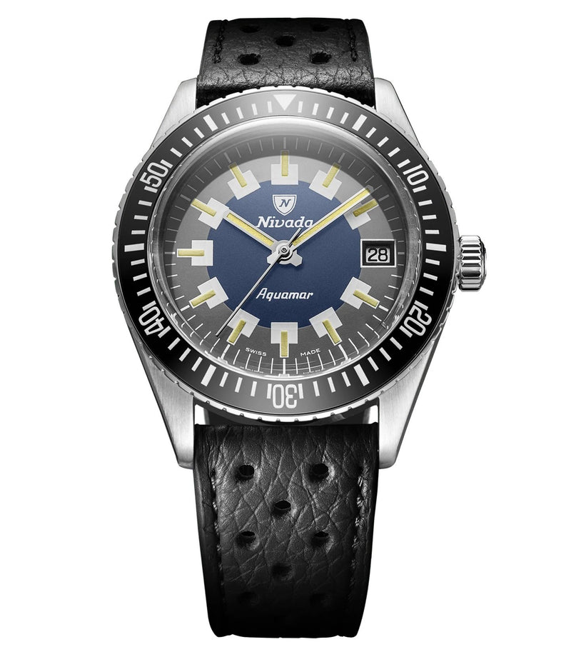 Nivada Grenchen Antarctic Diver Aquamar, 38mm Watch Black Leather Strap