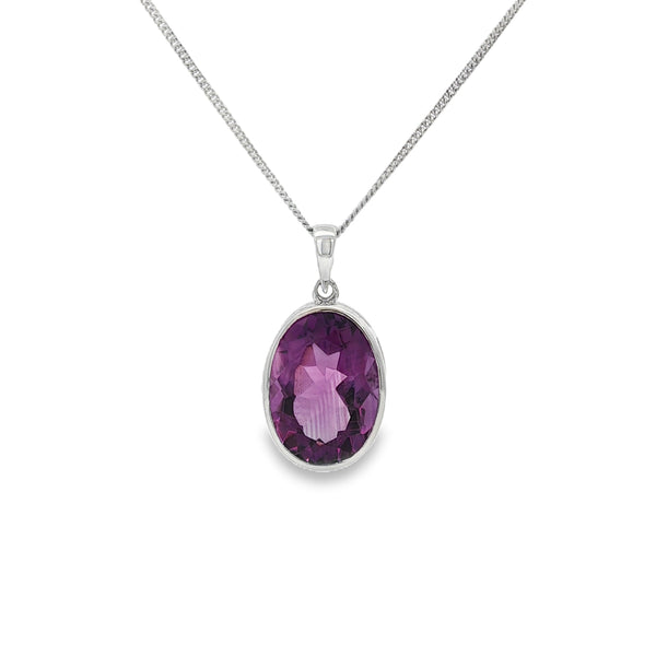 Amethyst 14x10mm Oval, Rubover 9ct White Gold Pendant