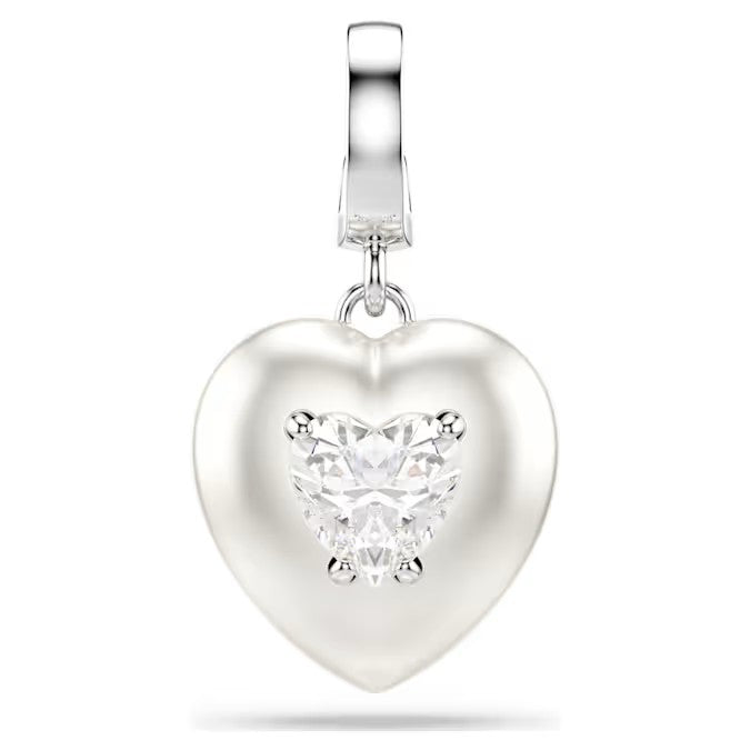 Swarovski Idyllia charm, Mixed cuts, Pearl-coloured coating, Heart, White, Rhodium plated