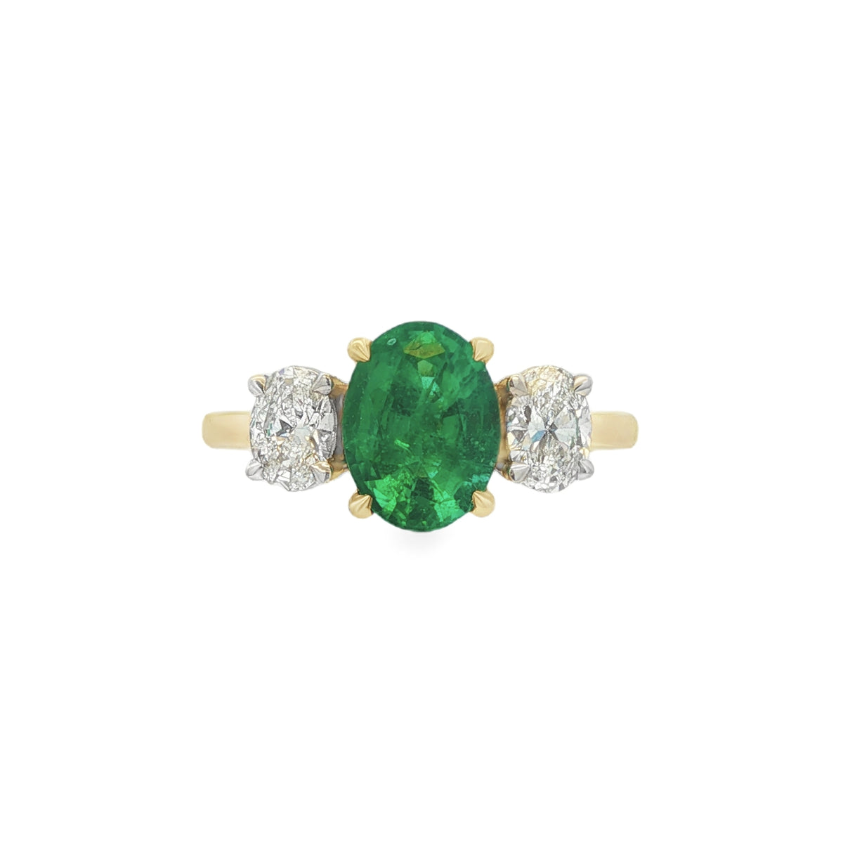 Emerald and Diamond 3 stone, Platinum and 18ct Yellow Gold Ring