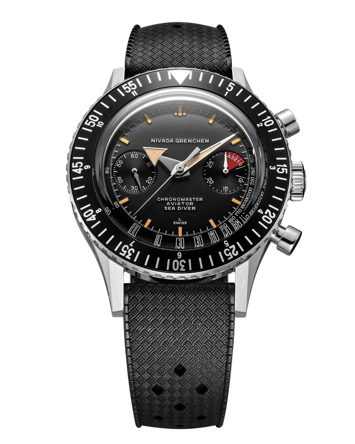 Nivada Grenchen Chronomaster Broad Arrow 41mm Rubber Tropic Strap Watch 85041M01