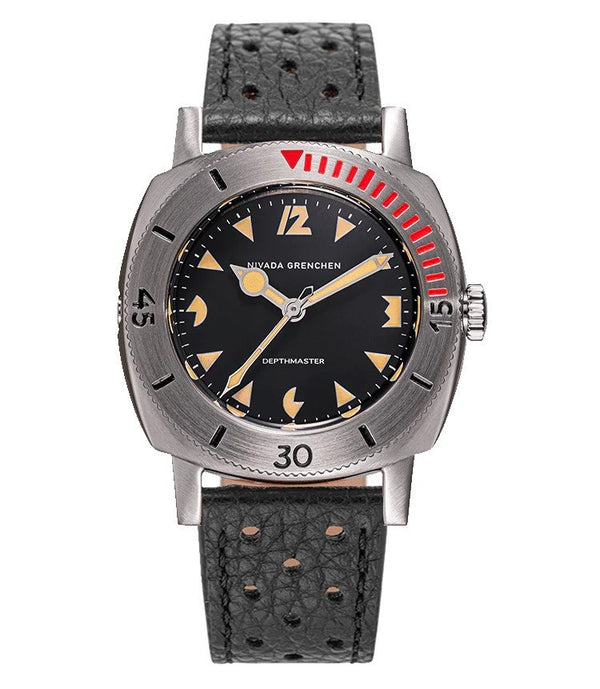 Nivada Grenchen Depthmaster Art Deco 39mm Black Racing Strap Watch 14105A10