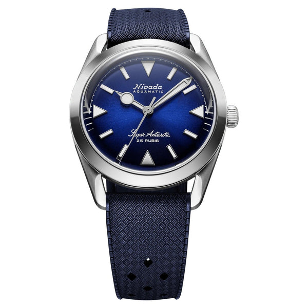 Nivada Grenchen Super Antarctic Blue 38mm Blue Rubber Tropic Watch 32075A24