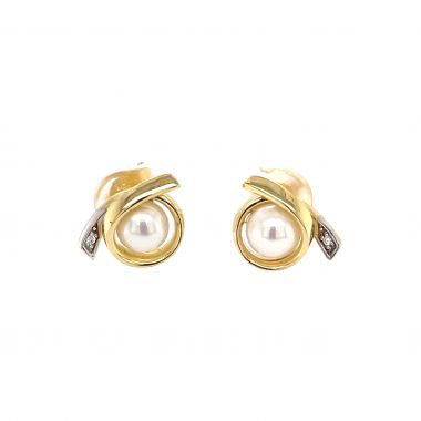 Diamond and Pearl Cross Over 18ct Yellow Golod Earrings