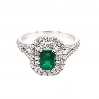 Emerald & Diamond Double Halo 18ct White Gold Ring
